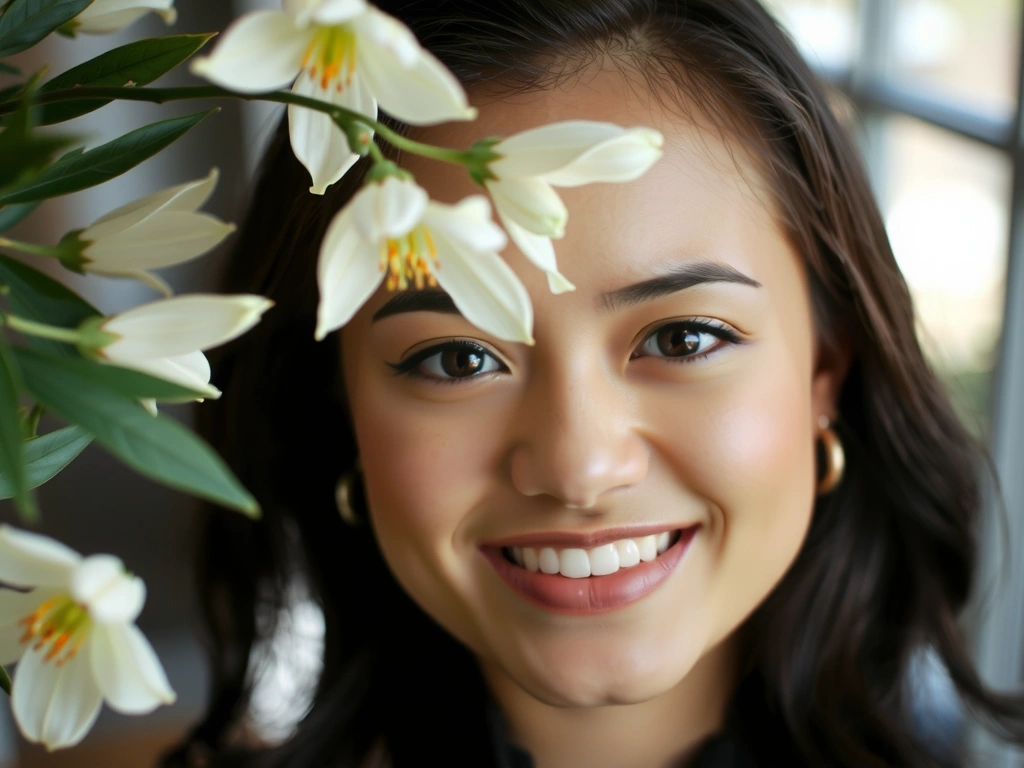 Donna sorridente con pelle luminosa, circondata da elementi botanici delicati e luce soffusa